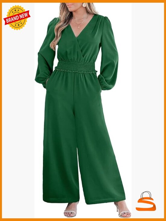 Pants - Long Sleeve Jumpsuit Dressy Smocked Waist V Neck Wide Leg Flowy One Piece